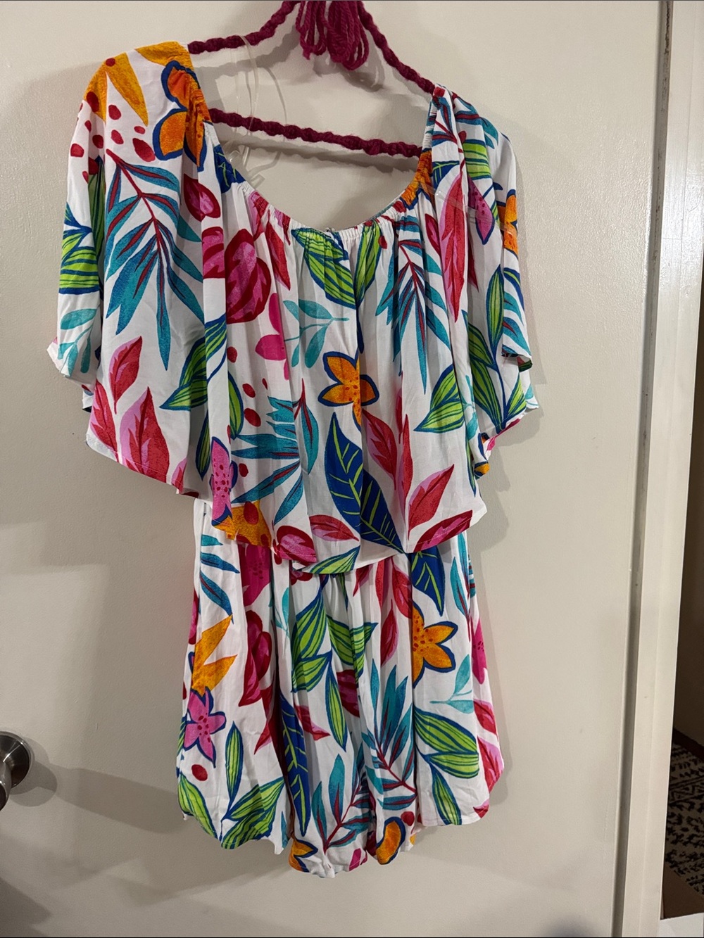 Tropical Off-Shoulder Romper in White with Multicolor Leaf Print